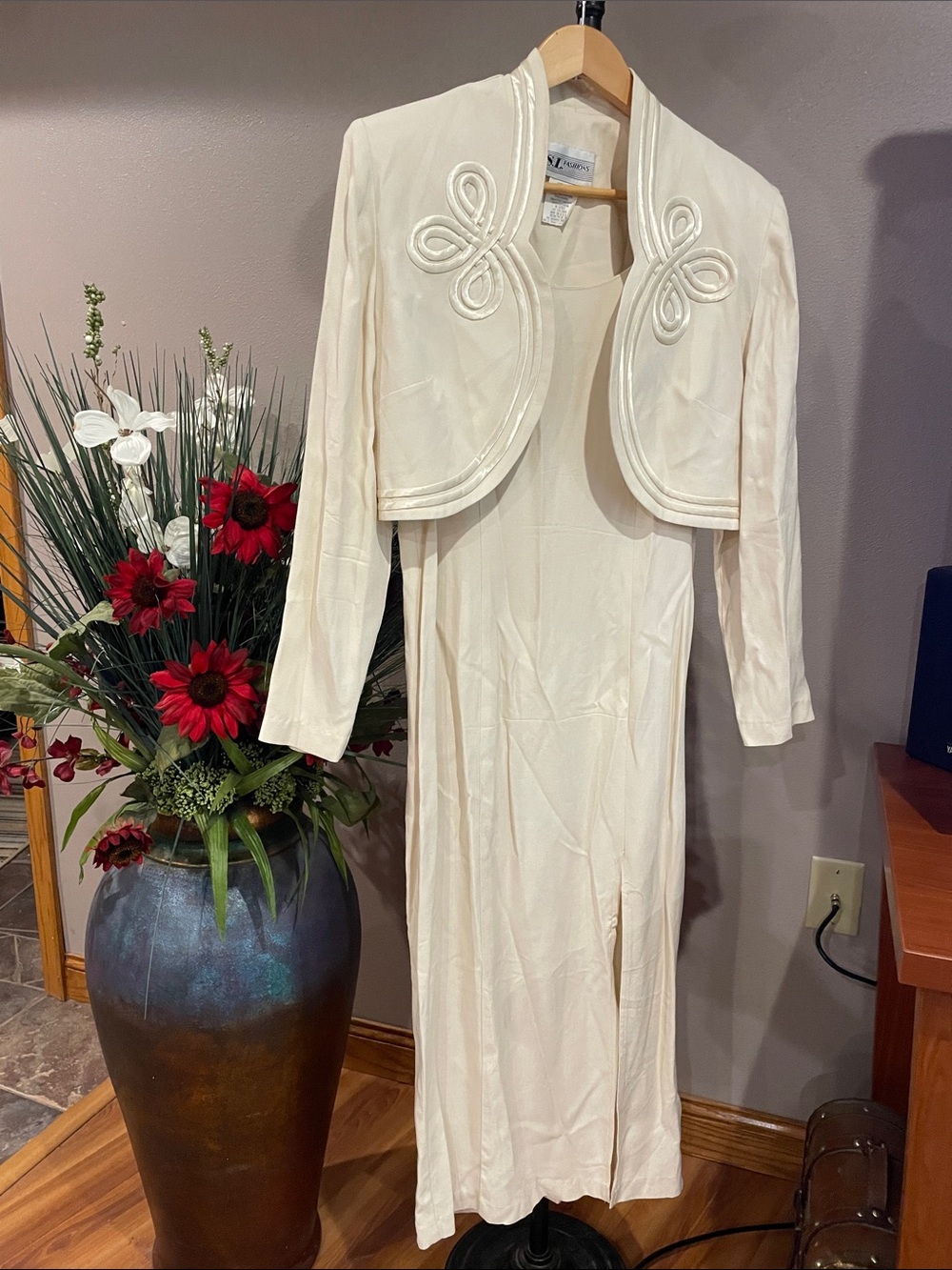 Cream Maxi Dress with Embroidered Cropped Jacket